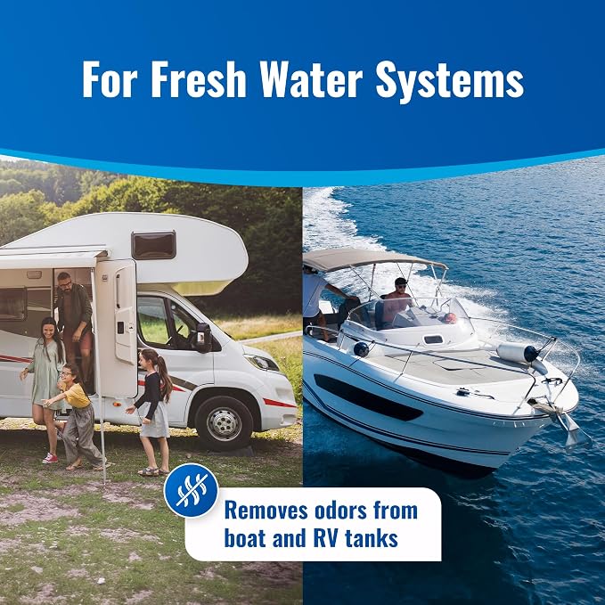 Aquamarine Water Solutions – Shock RV & Boat Water Tank Deep Cleaner and Deodorizer – Treats, Maintains Boat, RV & Household Fresh Water Systems – Ideal for Use Following Seasonal Storage – 12 Fl Oz