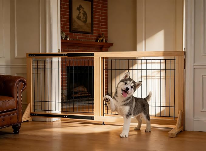 Extra Wide Freestanding Dog Gate, Adjustable Width 31.5"–61", 23.6" Tall Indoor Pet Gate for Kitchen, Living Room & Stairs, Wooden Metal Frame No-Drill Pet Barrier