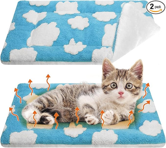 VitalCozy 2 Pack Self Warming Cat Mat Self Heating Pad Bed Reversible Machine Washable Reflects Body Heat Warm Thermal Pet Pad Crate Blanket for Feral and Indoor Cat (Blue, White,21" X 14",Clouds)