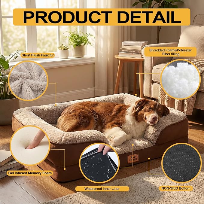 Orthopedic Dog Bed for Medium Dogs - Gel Memory Foam Pet Bed with Waterproof & Washable Cover, Contoured Bolster Design for Dogs & Cats (Brown, 30.0" L x 20.0" W x 6.3" Th)