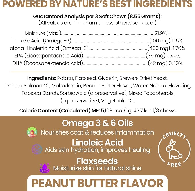 Omega 3 Fish Oil for Dogs, 180 Soft Chews - Salmon Oil Skin & Coat Supplement, Dog Allergy & Itch Relief, Hot Spots, Anti Shedding - EPA DHA Fatty Acids - Peanut Butter - Made in USA, Chew + Heal