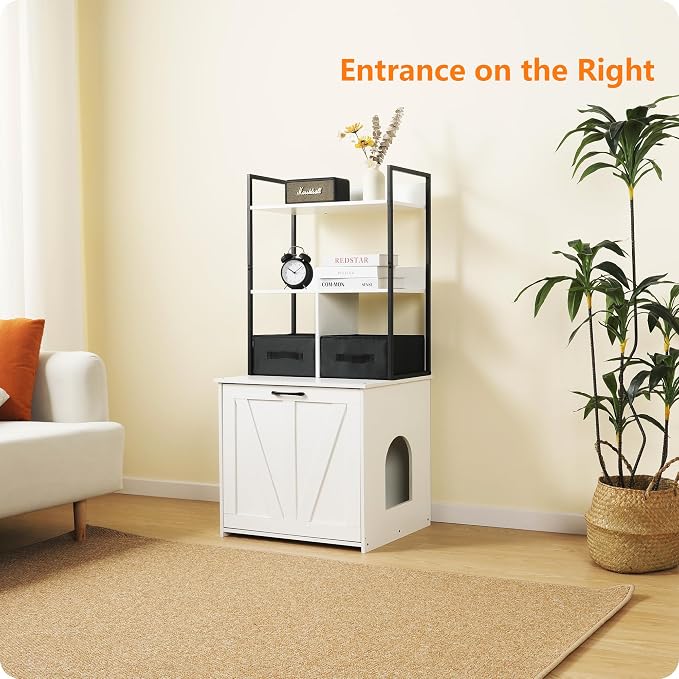 DWANTON Litter Box Enclosure with 2 Storage Shelves and 2 Drawers, 2-in-1 Hidden Cat Litter Box Enclosure Furniture with Shelf, Reversible Entrance, Washable Drawers, 50-Inch, White