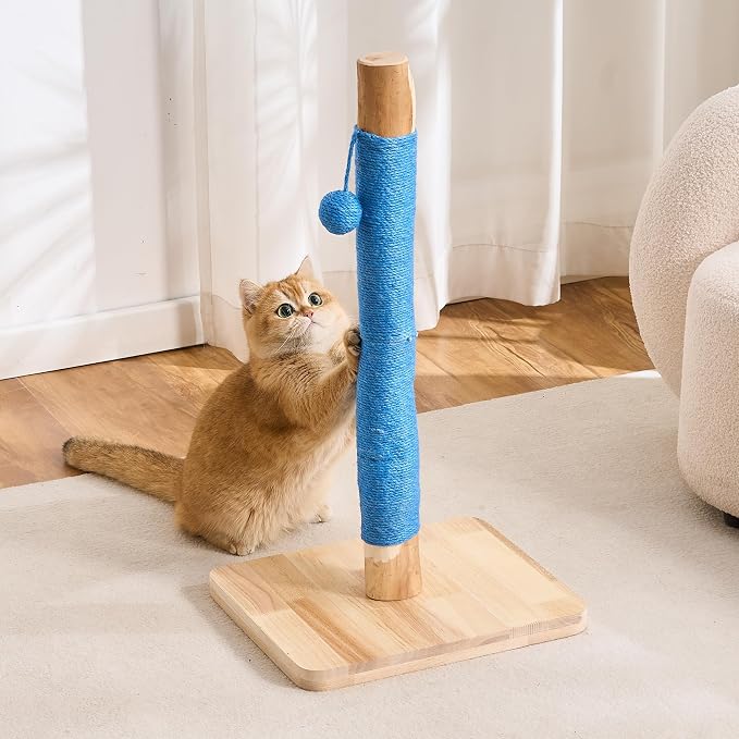 29" Tall Solid Wood Cat Scratching Post for Indoor Cats, Extra Stable Heavy Base, Natural Sisal Scratcher with Hanging Ball, Furniture Protector for Kittens & Adult Cats, Blue