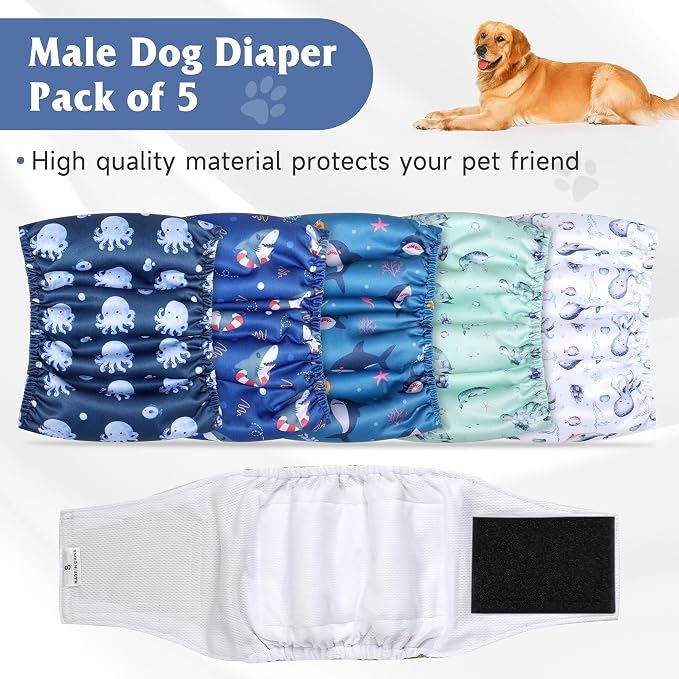 5 Pack Dog Diapers Male, High Absorbing Dog Wraps, Belly Bands for Male Dogs with Incontinence or Frequent Urination, Washable Doggie Diapers Fish XS