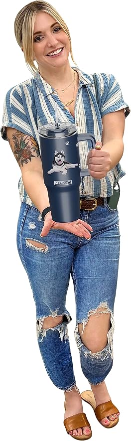 SERENGETI 40 Oz Ultimate Tumbler with Handle and Straw - Vacuum Insulated Tumbler with Straw and Lid - Stainless Steel Travel Mug for Pet Lovers - 3D Designs of your favorite Dog (Siberian Husky)