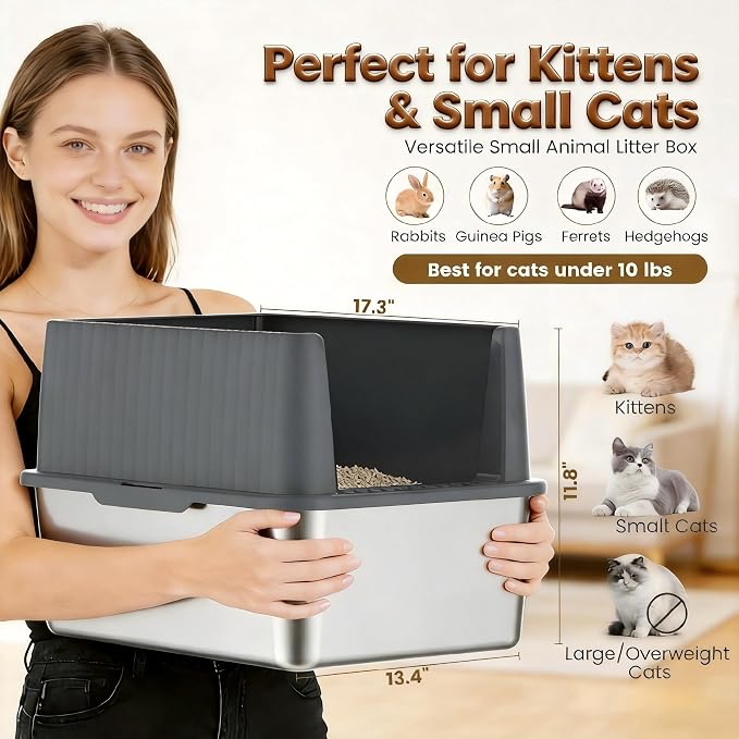 Stainless Steel Cat Litter Box, 11.8" High-Sided Litter Pan for Kittens & Small Cats, Easy to Clean Non-Stick Design, Low Entry, Stainless Steel Won't Absorb Odors