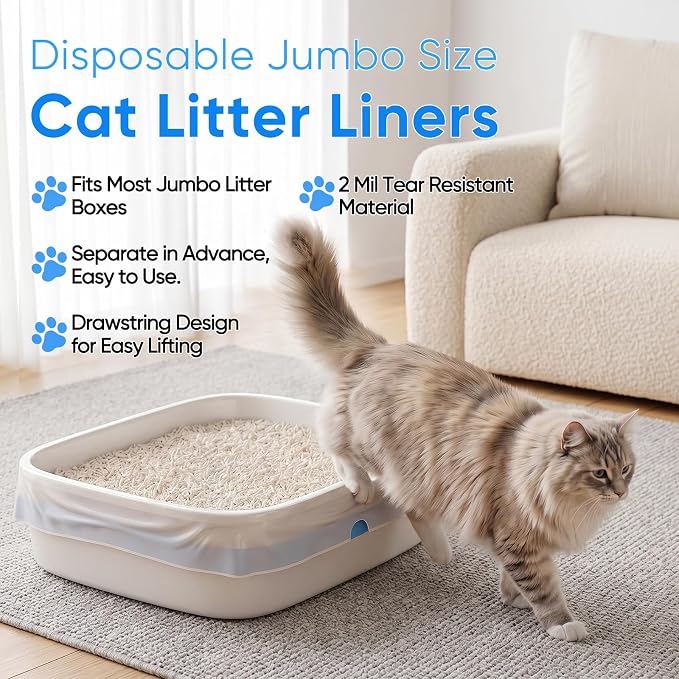 33 Count Jumbo Litter Box Liners 36" X 18",2mil Pre-Separated Cat Litter Bags with Heavy Duty Drawstring,Extra Thick Leakproof Cat Pan Liners for Kitty Box