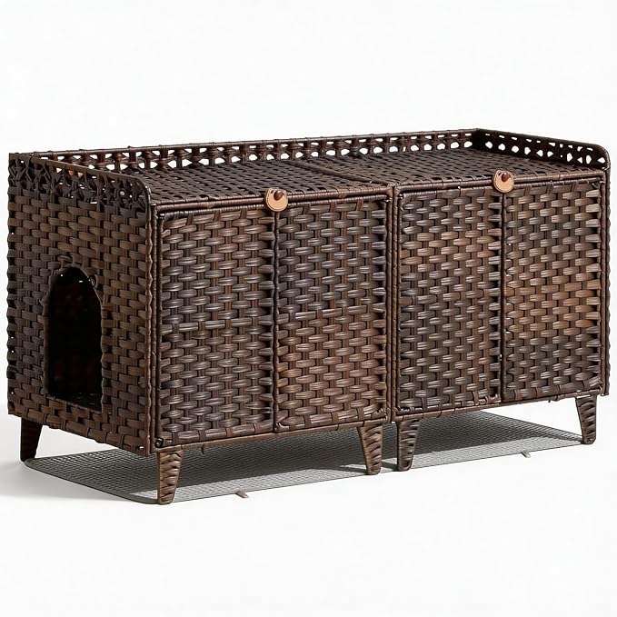 GAOMON Cat Litter Box Enclosure Furniture, Handwoven Rattan Cat Houses, Hidden Cat Washroom Furniture with Door/Mat, Large Space Cat Houses with S-Shaped Hooks, Living Room, Bedroom, Brown