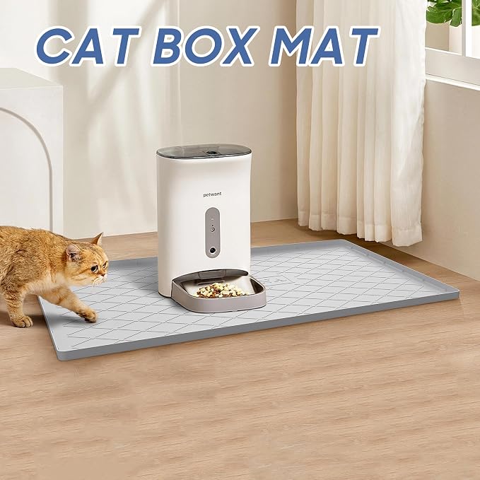 URMONA Large Dog Food Mat, 40" x 22" Pet Food Mat, Waterproof Dog Cat Food Mat with Raised Edges, Silicone Pet Food Mat, Dog Accessories, Prevents Food Spills, Protects Floors (Light Grey)