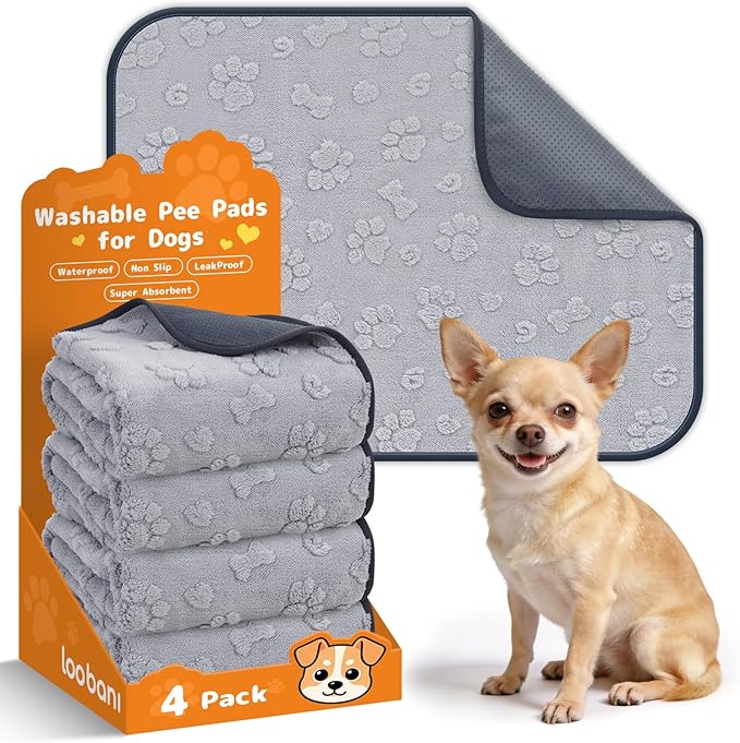 LOOBANI Washable Puppy Pads 18"x24", 4 Packs Fast Absorbent Washable Pee Pads for Dogs, Non-Slip & Waterproof Pet Whelping Pads, Reusable Dog Mat for Floor Crate, Bed, Incontinence, Housebreak