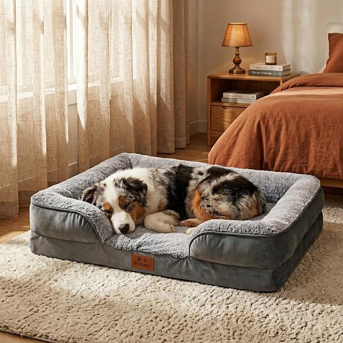Orthopedic Dog Bed for Extra Large Dogs - Gel Memory Foam Pet Bed with Waterproof & Washable Cover, Contoured Bolster Design for Dogs & Cats (Grey, 44.0" L x 31.5" W x 7.5" Th)