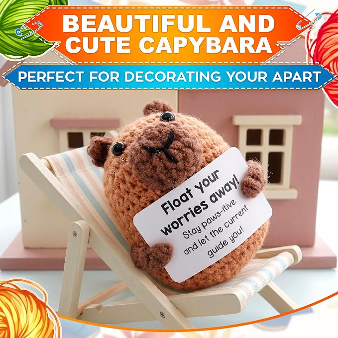 Reluen Crochet Capybara, Float Your Worries Away Handmade Capybara Crochet Figurine with Affirmation Message Card, Desk Decor Gift for Women Men Mom Daughter Sister Coworker Birthday