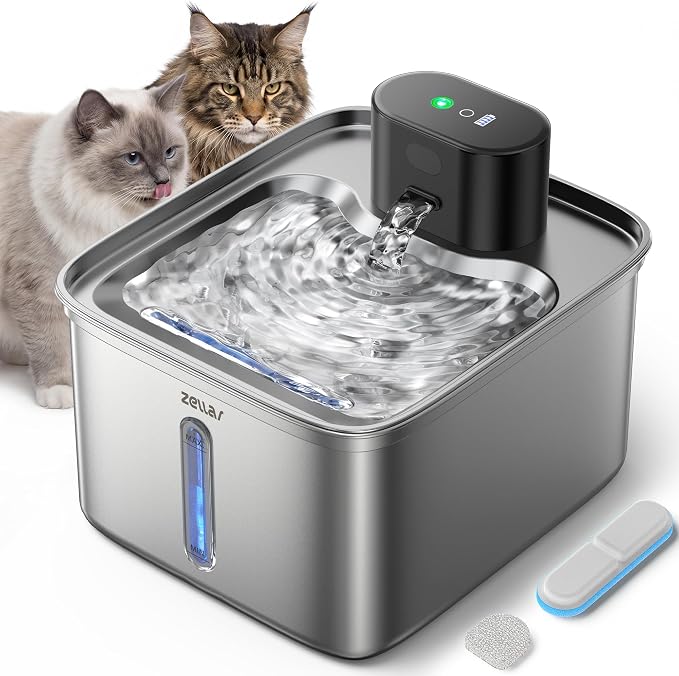 Zellar Wireless Cat Water Fountain, 99oz/2.8L Pump-Free Ultra-Quiet Pet Water Dispenser, 304 Stainless Steel with Multi-Layer Filtration, 3 Smart Modes & Motion Sensor, Fountain for Cats/Dogs