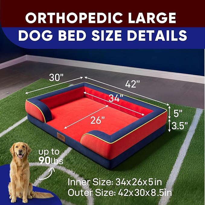 Comfort Expression Orthopedic Dog Bed for Extra Large Dogs 42x30 Inch, Waterproof Egg Crate Foam XL Pet Bed with Bolsters, Dog Couch with Washable Cover & Non-Slip Bottom, Kansas