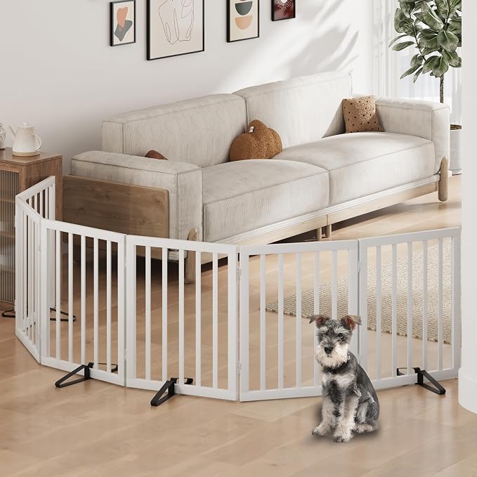 Dog Gate, Freestanding Dog Gates for Doorways, Foldable Dog Gate Indoor, Pet Gates for Doorways Bedroom, Puppy Gate with Metal Support Feet, Room Divider 6 Panels (White)