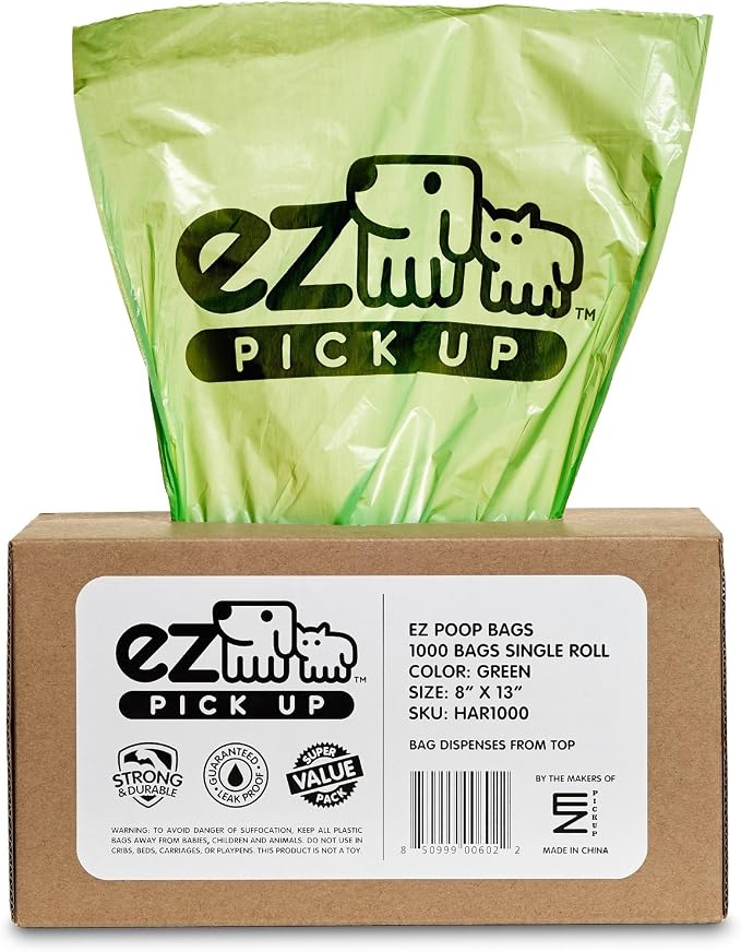 1000 Pet Waste Disposal Dog Poop Bags, EZ Pickup Bags Green (Single roll, not on Small Rolls)