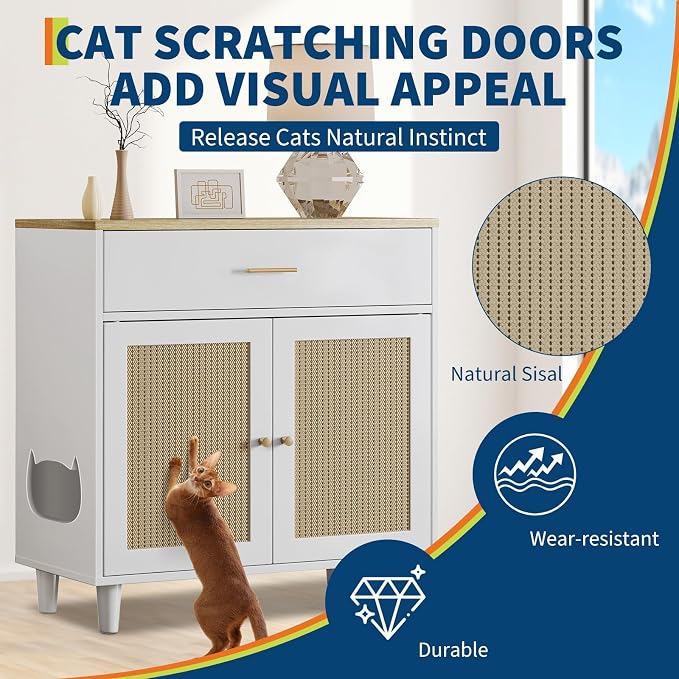 Hidden Cat Litter Box Furniture with Storage Drawer, Wood Cats Litter Enclosure Cabinet, Kitty Litter Box Hidden Enclosed Tall Cabinet Dog Proof for Living Room White