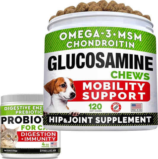Glucosamine Treats + Probiotics Powder for Cats and Dogs Bundle - Joint Supplement w/Omega-3 Fish Oil + Relieves Diarrhea, Upset Stomach - Chondroitin, MSM + Digestive Enzymes, Prebiotics - Made in US