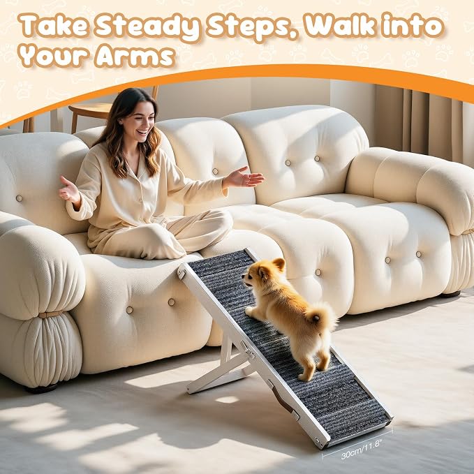 Pawaboo Foldable Dog Ramp, Small Dog Ramp for Couch, 4 Adjustable Height from 13'' to 21", Stable Pet Steps with Non-Slip Pad, Portable Pet Ramps Use for Couch Sofa Stairs, White