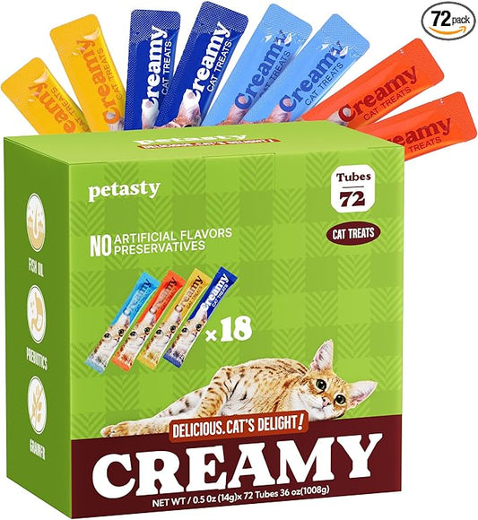 Lickable Cat Treats, High Moisture Hydrating Creamy Puree Squeeze Tubes, Variety Pack, 72 Tubes 0.5oz, Grain-Free, Omega Oils & Vitamin E, Skin & Coat Health, Digestive and Immune Support