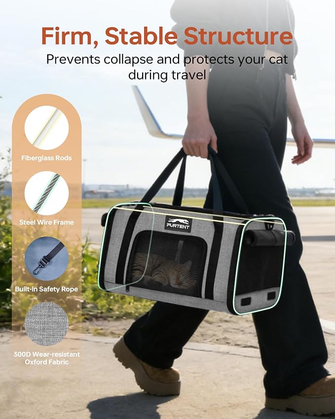 17x11x9.5 Pet Carrier Airline Approved, Cat Carrier with Litter Box, Soft Sided Cat Dog Carrier Up to 15 lbs, Breathable Travel Pet Carrier with Calming Curtain, Storage Bag & Poop Dispenser, Grey