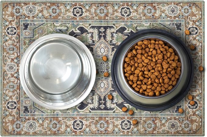 Lovewag Pets Waterproof 2-Pack Pet Feeding Mats - 16" x 24" Premium Cat & Dog Food Mat - Non-Slip, Machine Washable Food Mat Protects Floors & Contains Water Bowl Spills - Pet Place Mats (Sage Forest)