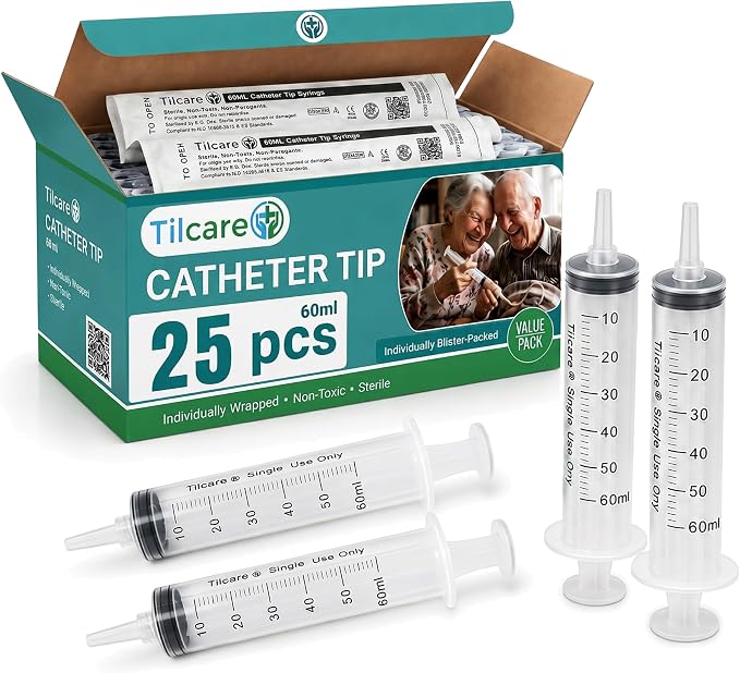 60ml Catheter Tip Syringe with Covers 25 Pack by Tilcare - Sterile Plastic Medicine Food Droppers for Children, Pets or Adults – Latex-Free Oral Medication Dispenser - Large Feeding Tube Syringes