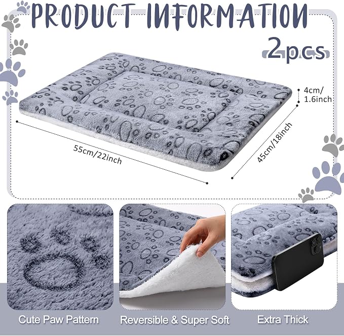VitalCozy 2 Pack Self Warming Cat Mat Self Heating Pad Bed Reversible Machine Washable Reflects Body Heat Warm Thermal Pet Pad Crate Blanket for Feral and Indoor Cat (Grey,22'' X 18'',Dog Paw)