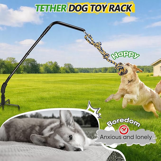 HVDI Tether Dog Toy Rack with 3 Tug Rope Toys, Dog Rope Play Spring Rack and Interactive in Yard, Park, Lawn, Adjustable Height Suitable for Large, Medium, Small Dogs (55 Inches)