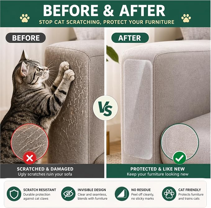 Cat Scratch Furniture Protector for Couch, 24 Pack Clear Couch Protector from Cat Claws, Self Adhesive Anti Scratch Furniture Protectors for Cats, Transparent Couch Corner Protectors, No Residue