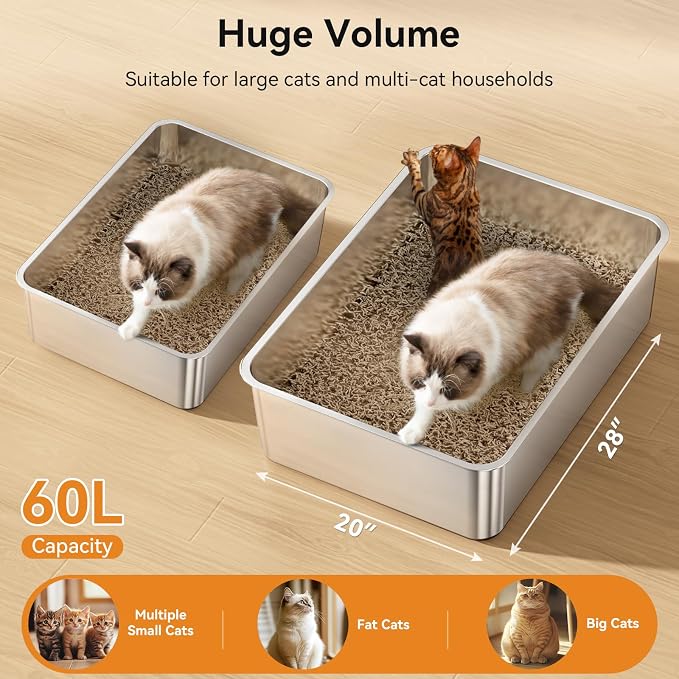 Jotesnew 2 Pack XXXL Stainless Steel Litter Box,28" L*20" W*6" H Large Capacity Metal Cat Litter Box for Big & Multiple Cats,Anti-Leakage,Non-Stick Surface for Easy Cleaning,Odor-Resistant