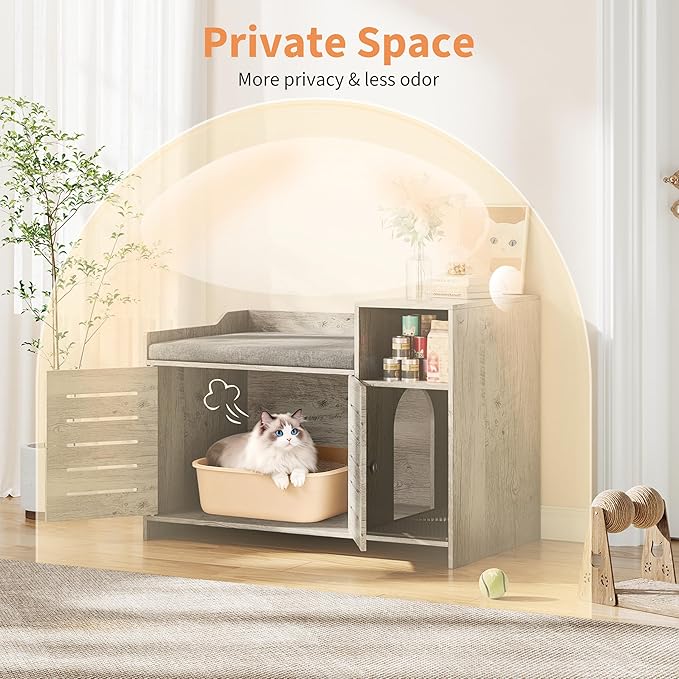 Cat Litter Box Enclosure, Hidden Litter Box Cabinet Furniture with Scratch Pad, Farmhouse Indoor Cats House with Storage Layer for Hallway, Bedroom