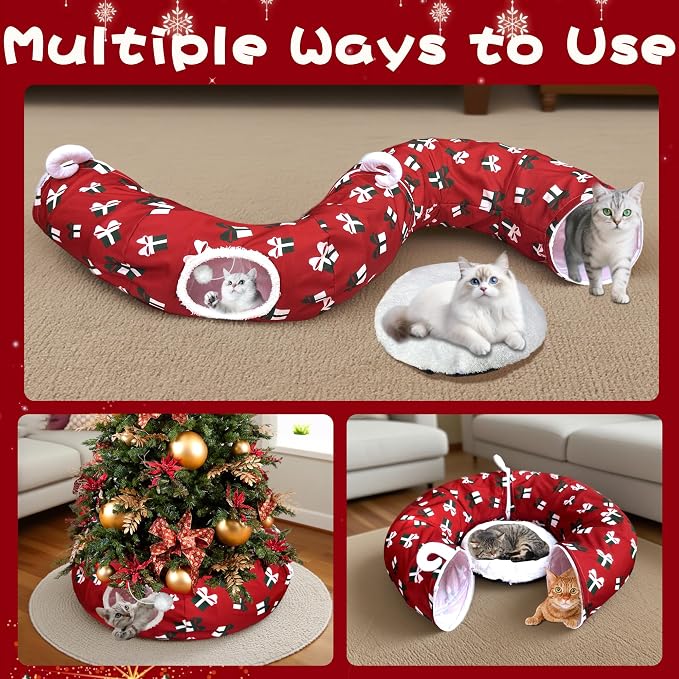 Cat Tunnel Bed Under Christmas Tree 3FT x 3FT x 9.8IN - Decorative Christmas Style with Box Patterns - Red Color Perfect for Festive Felines Small Animals