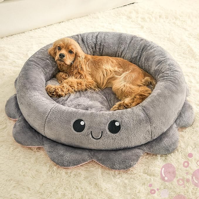 Jiupety Cute Calming Dog Beds Clearance for Large Dogs, Anxiety Bolster Dog Bed with Octopus Shape, Grey, L, Boho, Round Pet Bed Cat with Removable Cushion
