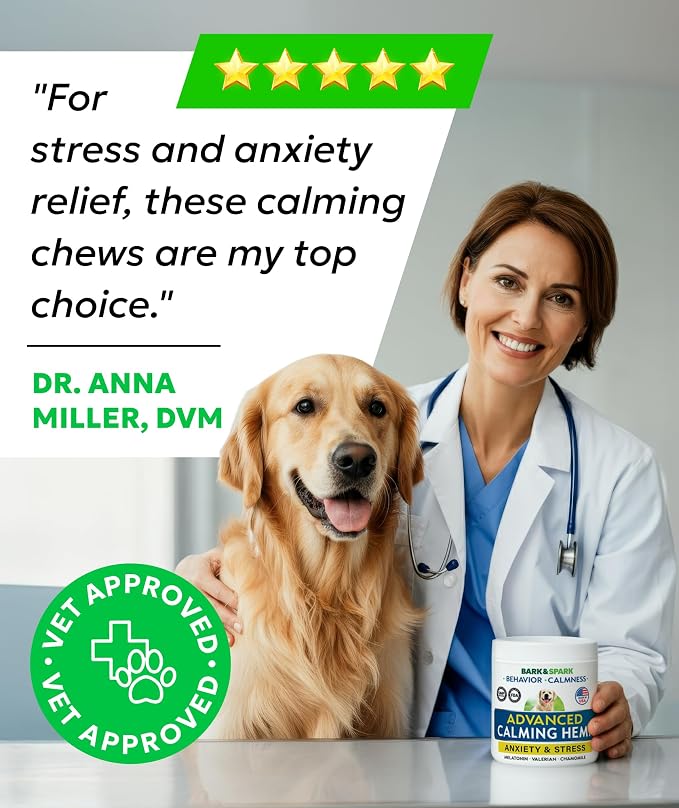 BARK&SPARK Advanced Calming Hemp Treats for Dogs - Hemp Oil + Melatonin - Anxiety Relief - Separation Aid - Stress Relief During Fireworks, Storms, Thunder - Aggressive Behavior, Barking - 180 Chews