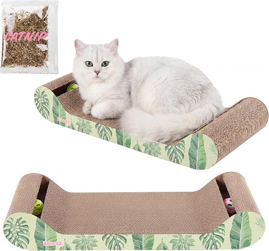Rini 23.75" Modern Cardboard Cat Scratcher Lounge Bed with Built-in Bell Toys and Catnip, Ergonomic Curved Sofa Design, Mint/Green CSR1003E