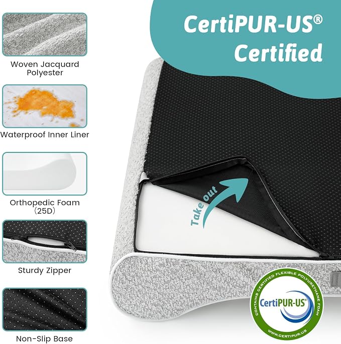 COZY KISS Orthopedic Dog Bed for Small Dogs up to 35 lbs - Removable Cover with Waterproof Lining & Non-Skid Bottom, Cotton-Polyester Blend Boat-Shaped Lounger Mattress, S(30x20x5in), Light Gray