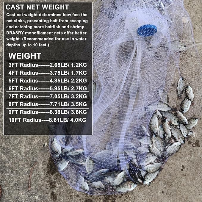 Drasry Saltwater American Fishing Cast Net 3/8inch Mesh Size for Bait Shrimp Trap Fish Heavy Duty Sinkers Throw Net 3FT/4FT/5FT/6FT/7FT/8FT/9FT/10FT Radius