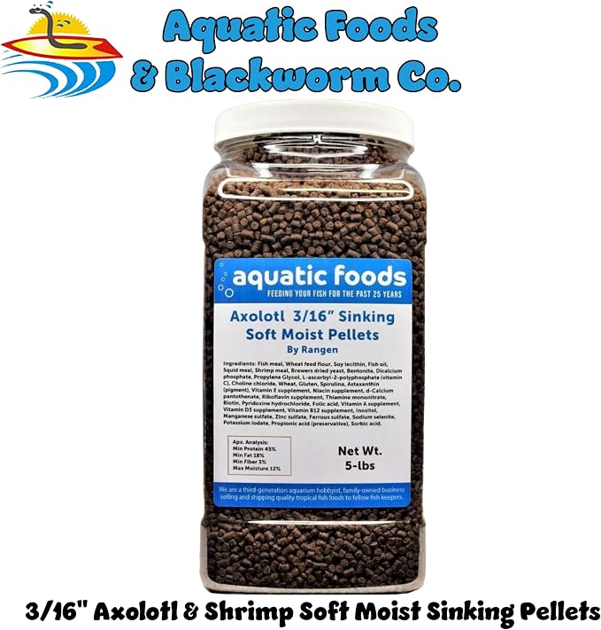 Axolotl Food 3/16" Soft Moist Sinking Pellets for Axolotls, Shrimp, Snails. Tropical Fish, Koi Fish & Pond Fish, Salmon Pellets. 5-lb-Jar