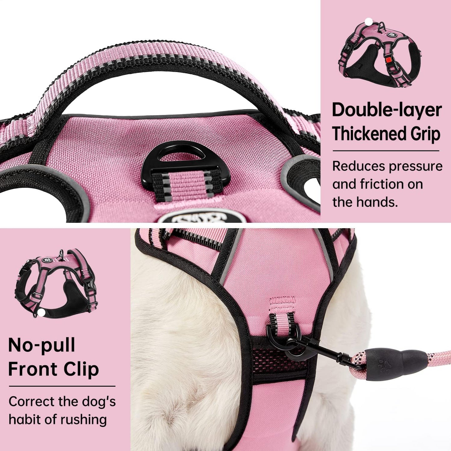 IVY&LANE No Pull Dog Harness for Medium Dogs, Dog Vest Harness with Leash, Safety Belt and Storage Strap, Fully Adjustable Harness, 360° Reflective Strip, Soft Handle (Pink, M)