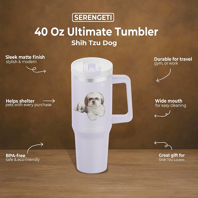 SERENGETI 40 Oz Ultimate Tumbler with Handle and Straw - Vacuum Insulated Tumbler with Straw and Lid - Stainless Steel Travel Mug for Pet Lovers - 3D Designs of your favorite Dog (Shih Tzu Tan)