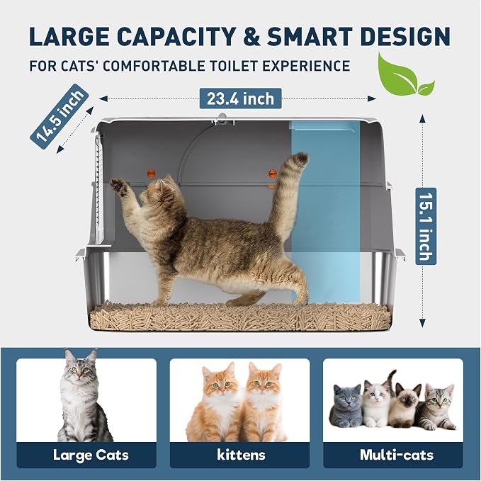 Stainless Steel Cat Litter Box - Gray High-Sided Enclosed Design, Anti-Leak, Reduces-Odors, Non-Sticky, Easy to Clean, Metal Cat Litter Box, High Side Includes Scoop and Steps, Large Capacity Kitty
