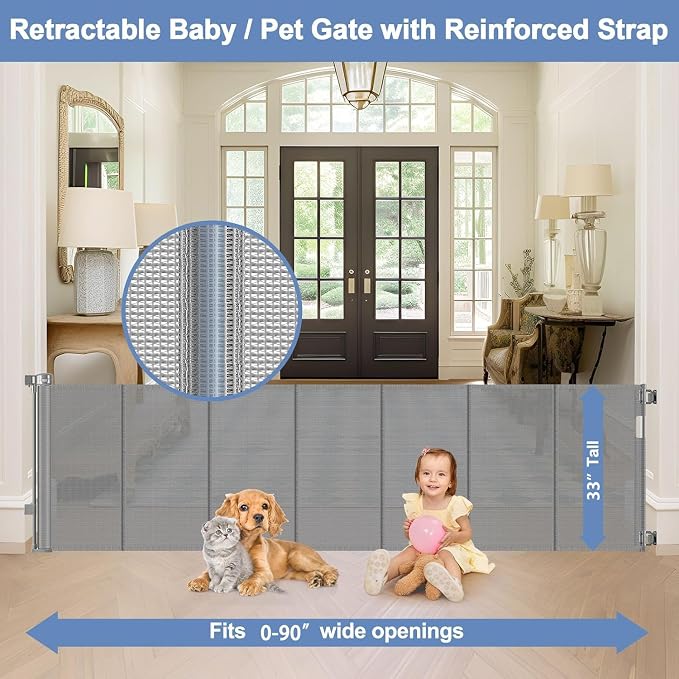 Reinforced bottom 90 Inch Extra Wide Baby Gate for Large Openings Retractable Baby Gates Extra Wide Upgraded Spring Retractable Dog Gate for Doorways Extra Wide Adjustable Bracket Retractable Pet Gate