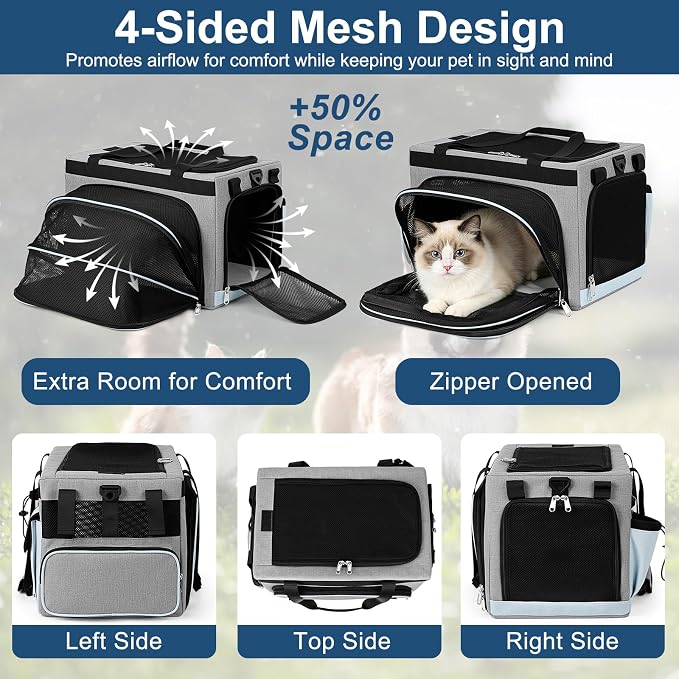 Pet Carrier with Wheels for Cats & Small Dogs, Airline Approved Cat Carrier, Expandable Soft Sided Pet Travel Carrier with Removable Trolley, Mesh Ventilation, Includes Water Bottle & Collapsible Bowl