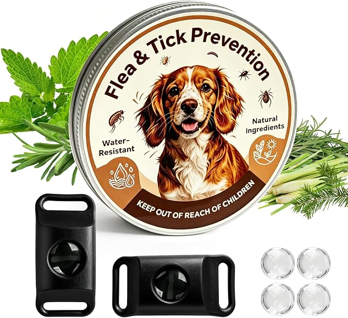 Natural Flea and Tick Prevention Pendant for Dogs Flea and Tick Collar, Waterproof Flea and Tick Repellent Dog Tag Safe for All Breeds & Sizes with 2 Silicone Buckles & 4 Refills, COLLAR NOT INCLUDED