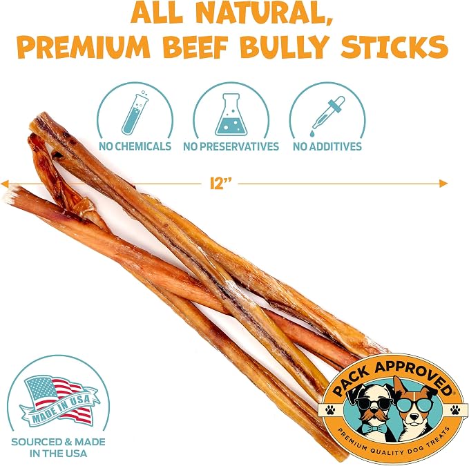 Pack Approved Standard Beef Bully Sticks for Large Dogs - Long Lasting Dog Chews for Aggressive Chewers - No Hide Dog Chews for Large Dogs - 12" (8ct)