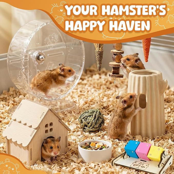 12-in-1 Hamster Cage Accessories Kit for Dwarf & Syrian Hamsters, Silent Exercise Wheel 9.5", Wooden Hideout, Water Bottle, Ceramic Food Bowl, Chew Toys & Small Animal Habitat Starter Set