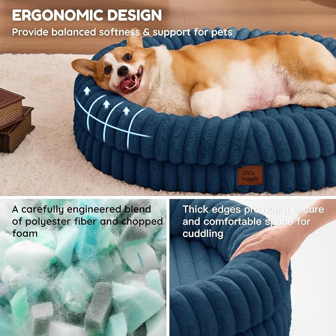 ChiXnuggle Orthopedic Dog Bed for Large Dogs, Waterproof Faux Rabbit Fur Dog Couch with Egg Crate Foam Support and Washable Removable Cover, Bolster Pet Sofa with Non-Slip Bottom, 35x28x7, Navy