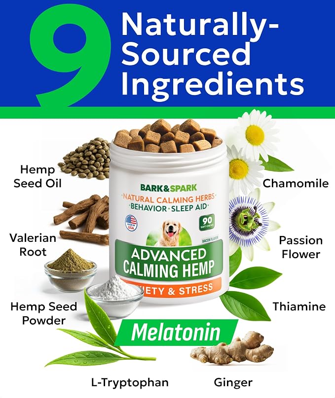 BARK&SPARK Advanced Calming Chews for Dogs - Separation Anxiety Relief for Dogs w/Hemp Oil + Melatonin - Relief During Fireworks, Storms - Aggressive Behavior, Barking, Stress Aid - 90Chews