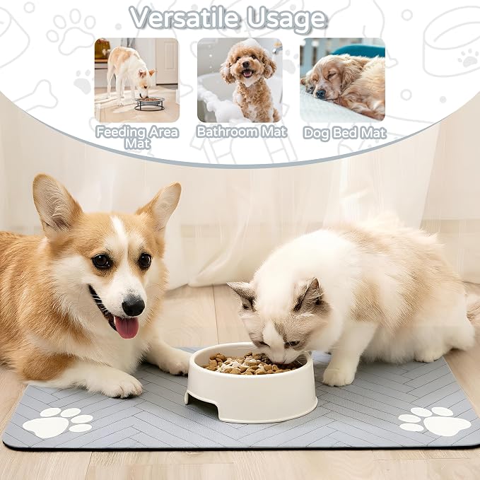 Pet Feeding Mat-Absorbent Dog Feeding Mat for Food and Water Bowl,No Stains Pet Placemat,Quick Drying Water Dispenser Mat for Dog and Cat,Easy to Clean Dog Accessories(S,Light Gray)